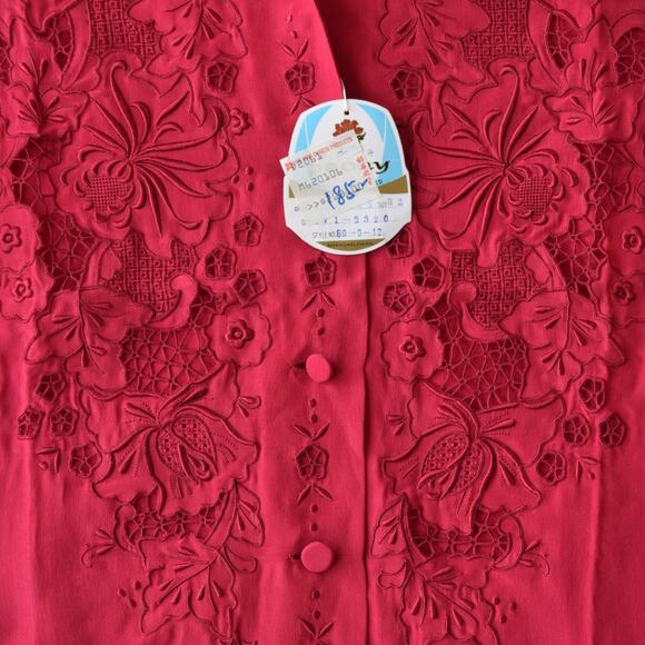 Red Floral Embroidered Silk Shirt | Vintage Button Up Top Size M - Picture 4 of 6